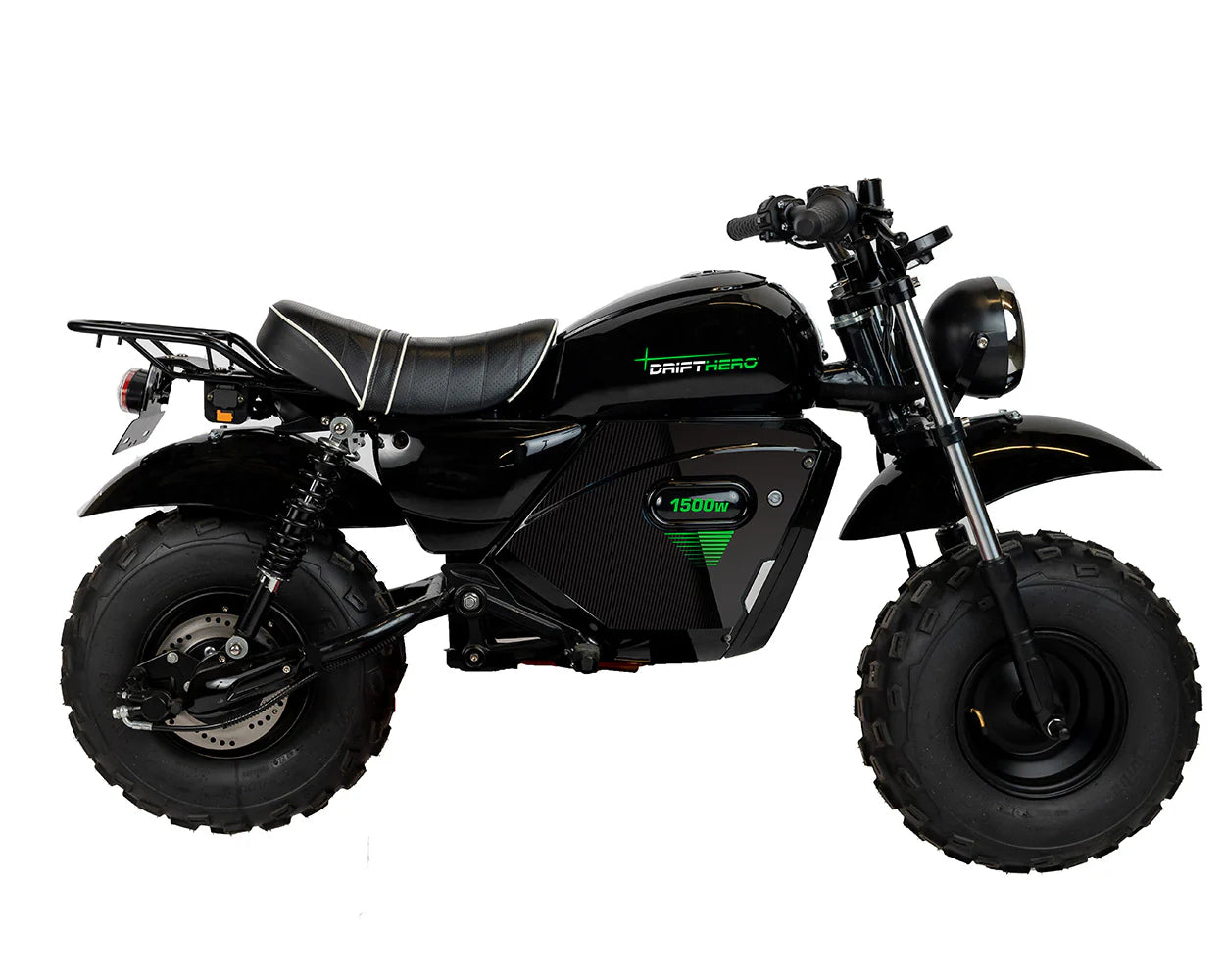 A black eBike Drift Hero 1500W Mini electric bike with thick tires, compact frame, and handlebars, displayed on a white background.