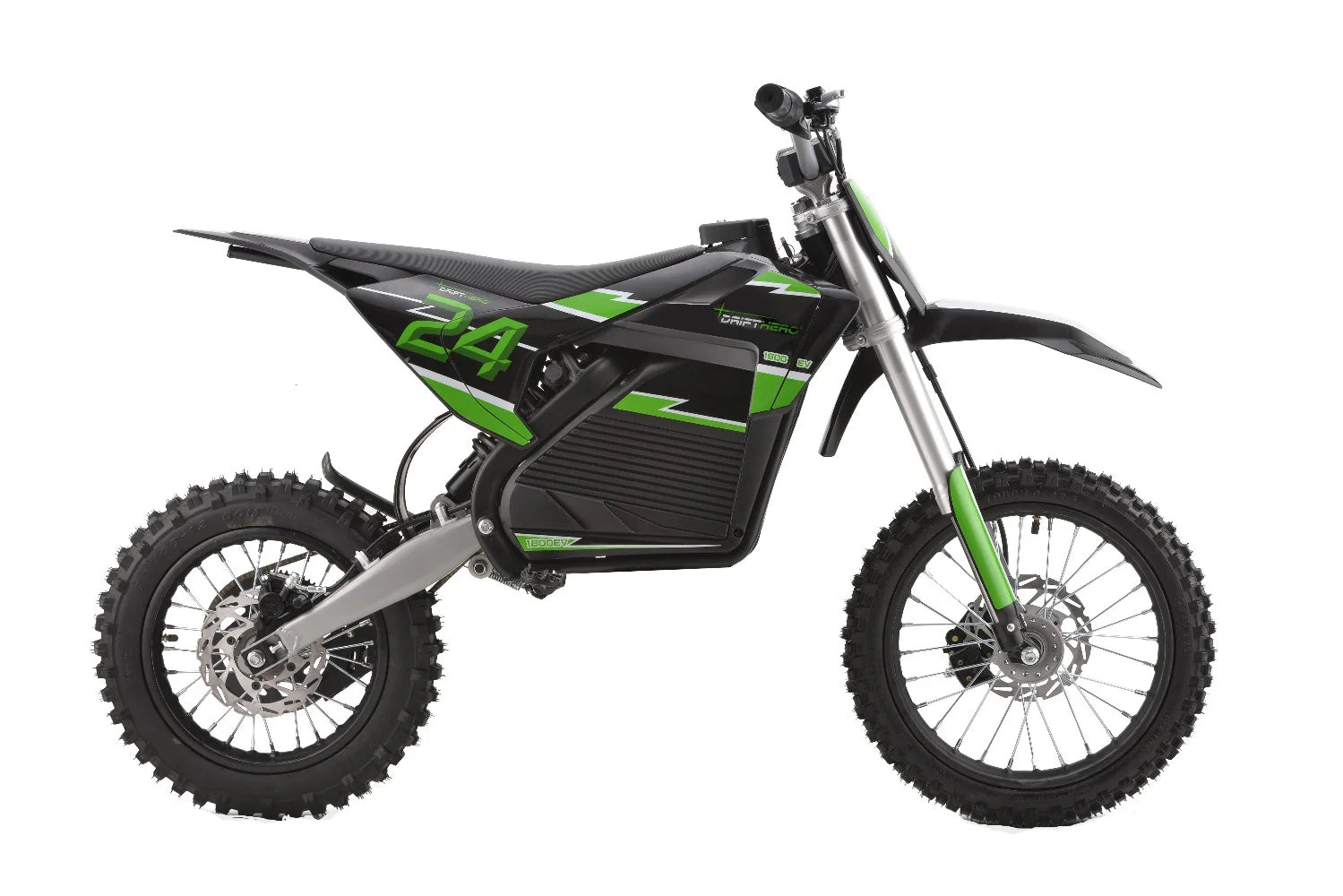 A black and red eBike Drift Hero 1600W dirt bike shown from a side angle, featuring thick off-road tires, a sturdy frame, and a visible electric motor.