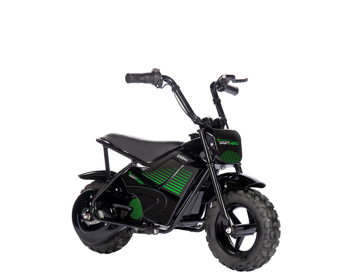 A compact eBike Drift Hero 250W Mini in black, shown from a side angle, highlighting its small frame, thick tires, and minimalist design.