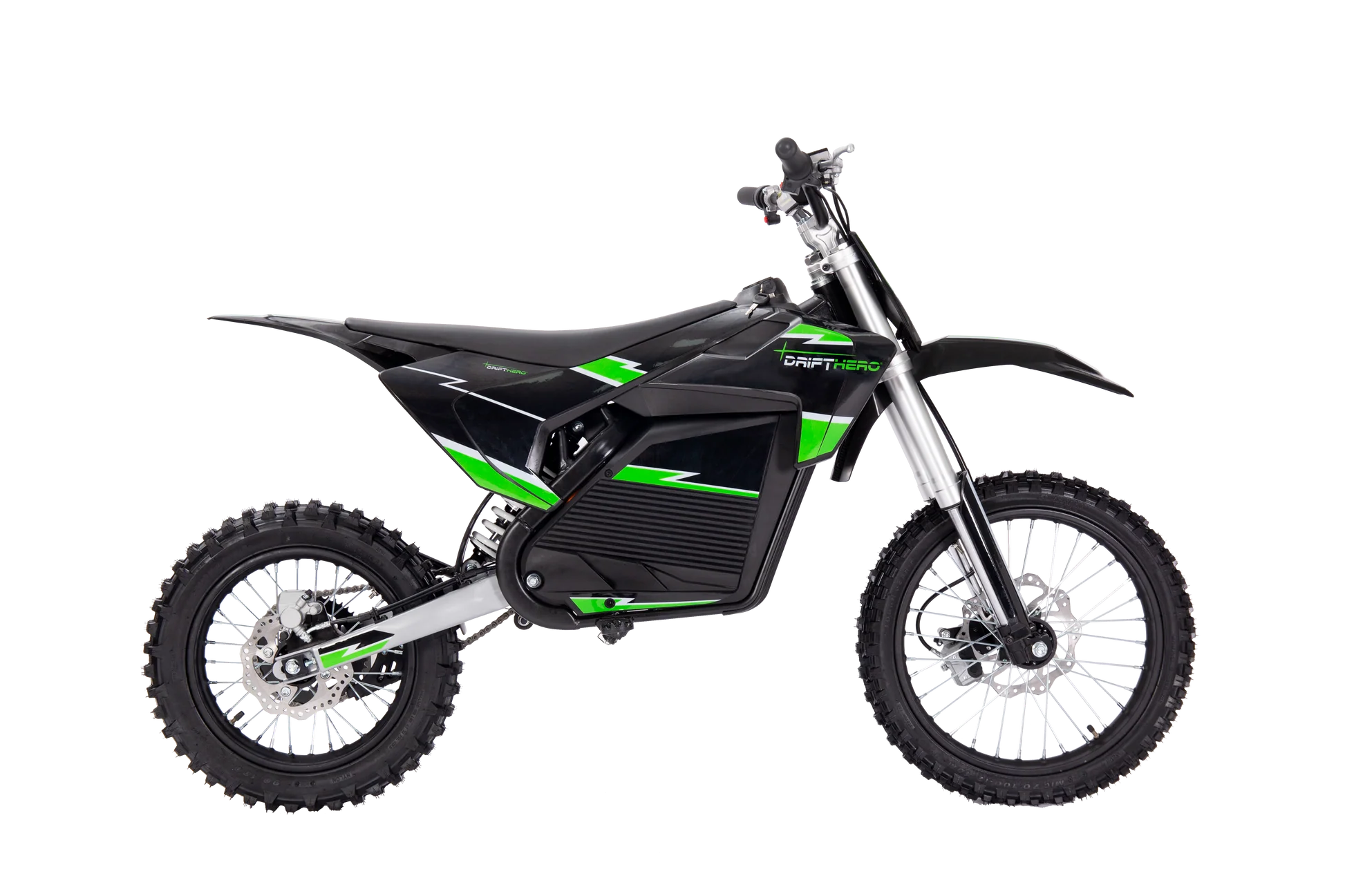 A black eBike Drift Hero 5000W dirt bike parked on a dirt trail, showcasing its rugged tires, sturdy frame, and powerful electric motor.