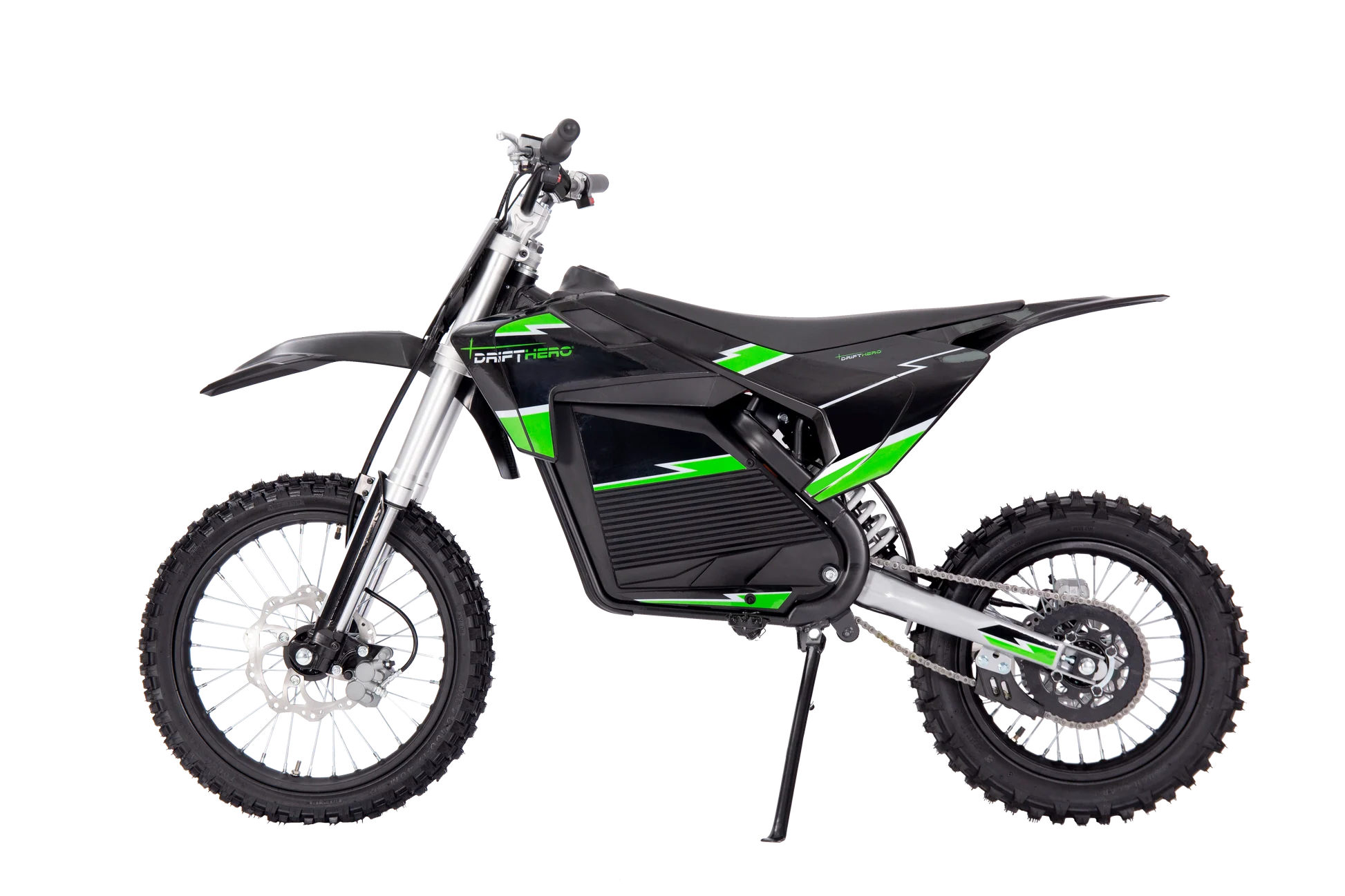 A black eBike Drift Hero 5000W dirt bike parked on a rugged outdoor trail, showcasing its sturdy frame, thick off-road tires, and powerful electric motor.