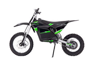 A black eBike Drift Hero 5000W dirt bike parked on a rugged outdoor trail, showcasing its sturdy frame, thick off-road tires, and powerful electric motor.