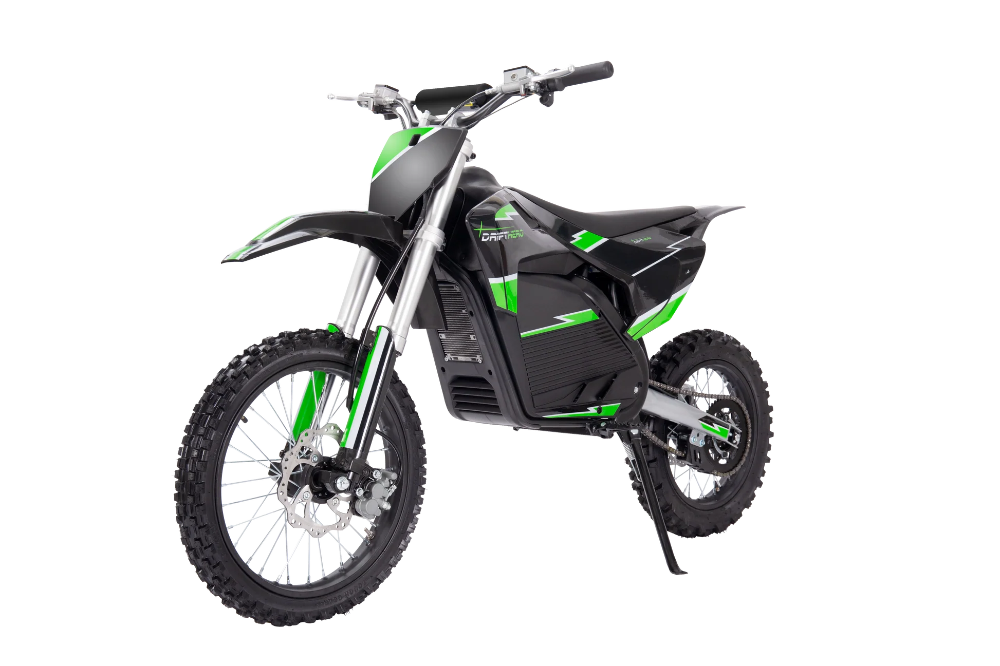 Side view of the eBike Drift Hero 5000W Dirt electric bike, showcasing its rugged tires, sturdy frame, and off-road suspension system against a plain background.