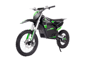 Side view of the eBike Drift Hero 5000W Dirt electric bike, showcasing its rugged tires, sturdy frame, and off-road suspension system against a plain background.