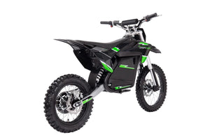 Side view of the eBike Drift Hero 5000W Dirt electric bike, showcasing its rugged tires, sturdy frame, and off-road suspension system against a plain background.
