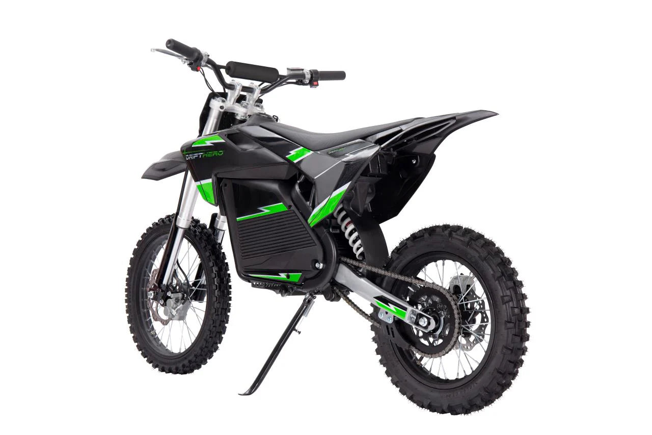 A black eBike Drift Hero 5000W dirt bike parked on a dirt trail, showcasing its rugged tires, sturdy frame, and powerful electric motor.