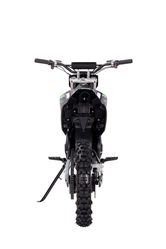 Side view of the eBike Drift Hero 5000W Dirt electric bike, showcasing its rugged tires, sturdy frame, and off-road suspension system against a plain background.