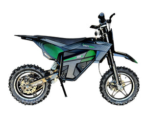 A black eBike Drift Hero 800W dirt bike with rugged tires, sturdy frame, and front suspension, displayed on a white background.