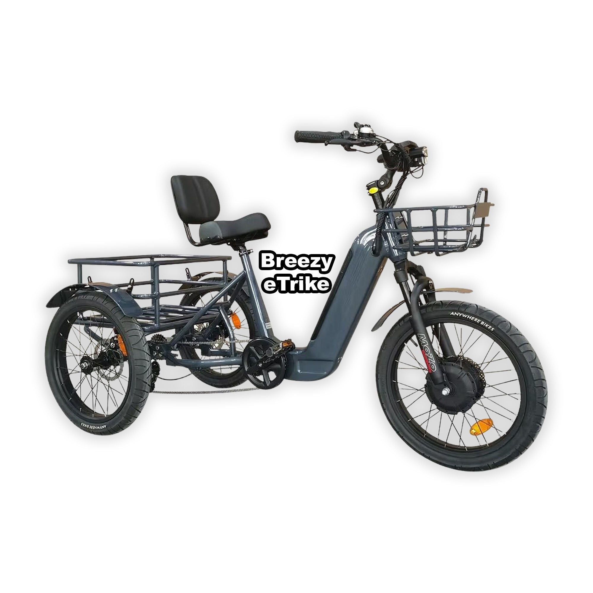 Blue eBike Breezy Electric Trike in box, product image on grey background