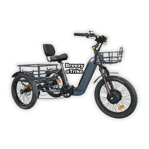 Blue eBike Breezy Electric Trike in box, product image on grey background