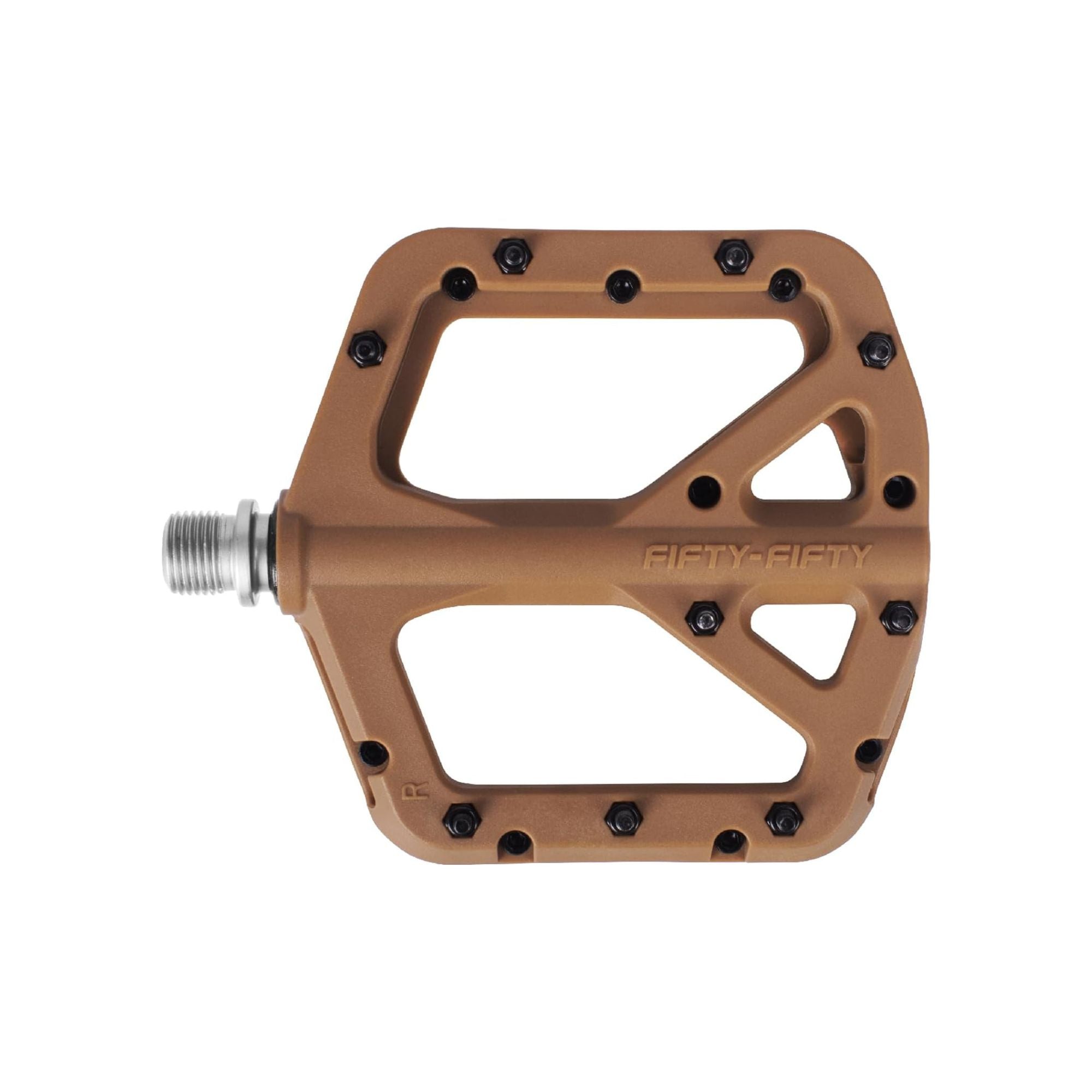 Brown nylon eBike pedals, side view, isolated on white background