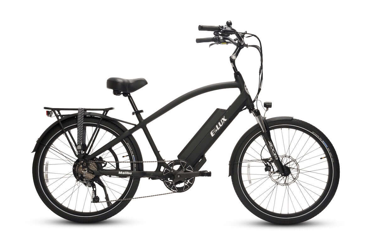 Black ELUX Malibu 500W Step Over electric beach cruiser eBike with 26x2.1 street tires, shown from the side against a plain background.