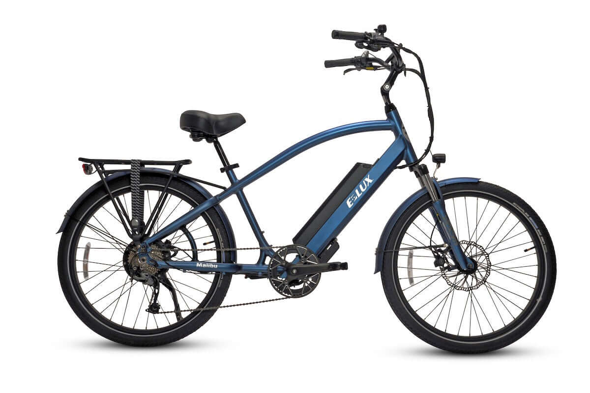 Blue ELUX Malibu 500W Step Over electric beach cruiser eBike with 26x2.1 street tires, side view, product image