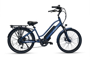 Blue ELUX Malibu 500W Step Thru electric beach cruiser eBike with 26x2.1 street tires, side view against a white background