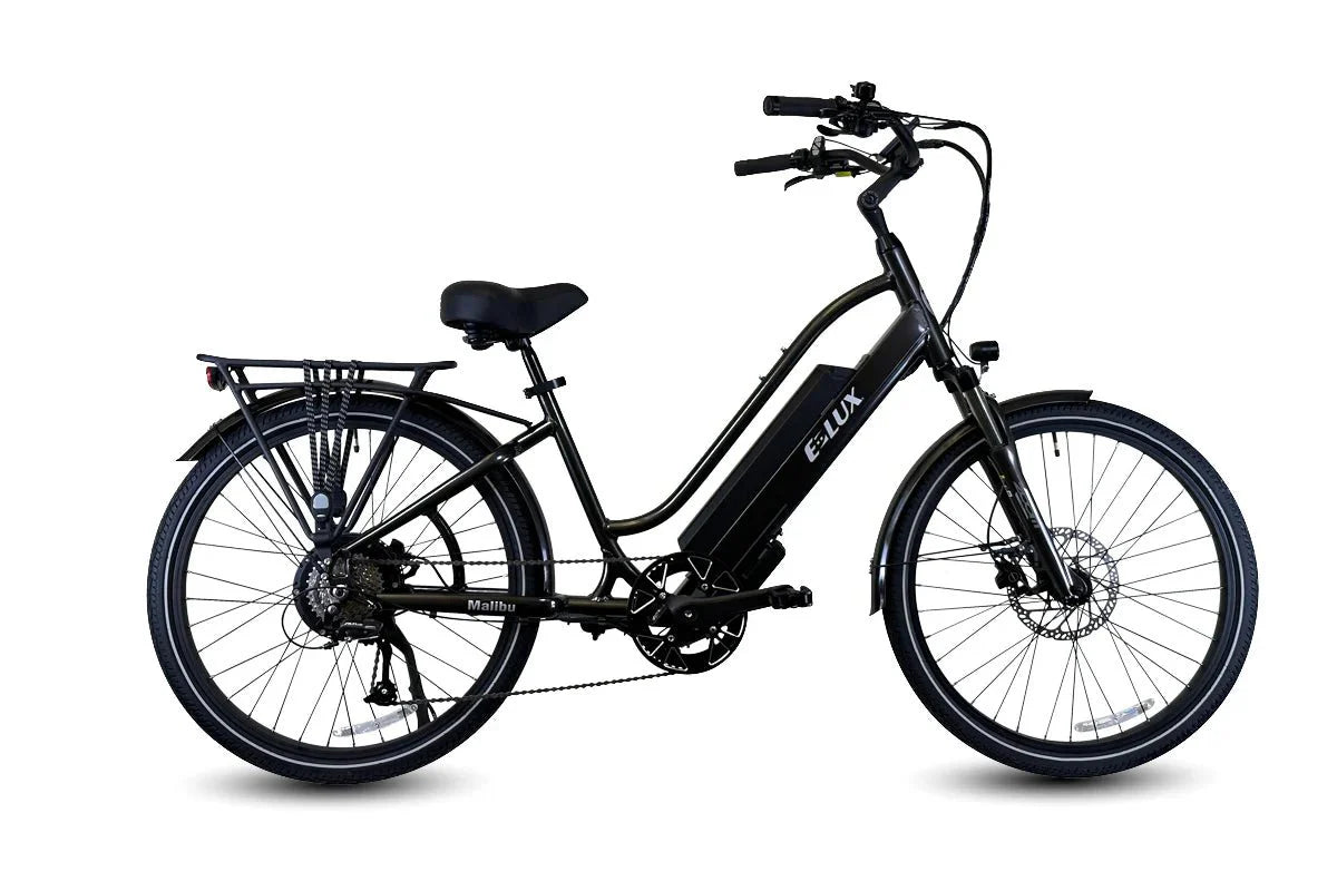 Cobalt blue ELUX Malibu 500W Step Thru electric beach cruiser eBike with 26x2.1 street tires, side view