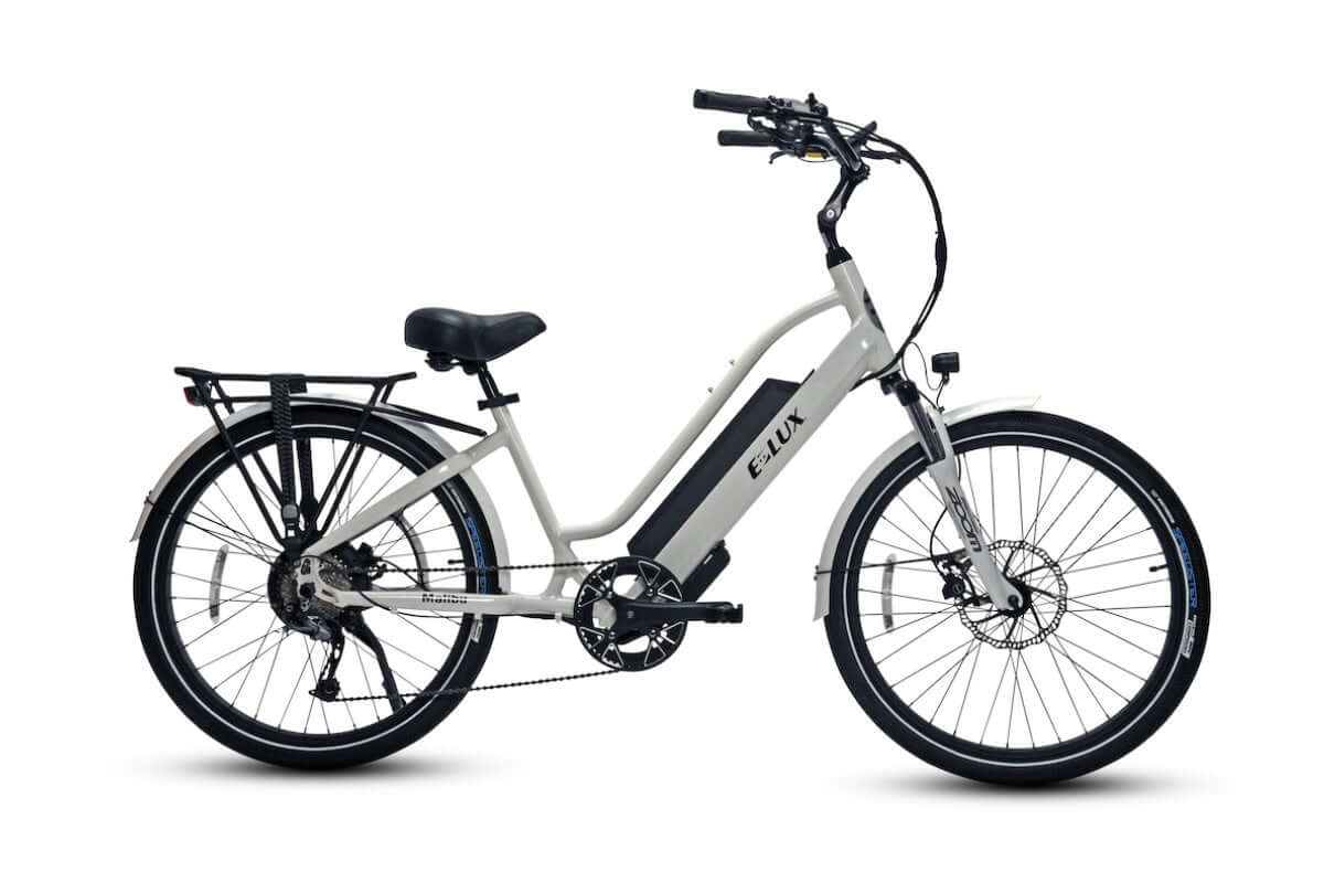 White ELUX Malibu 500W Step Thru electric beach cruiser eBike with 26x2.1 street tires, side view, product image
