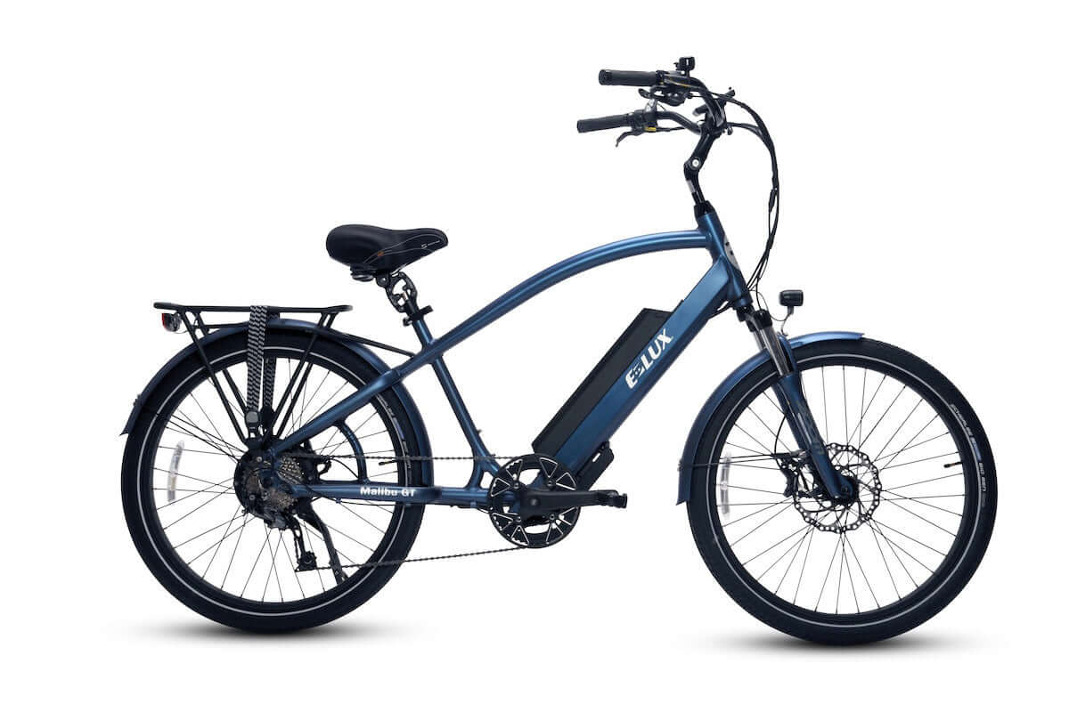 Blue ELUX Malibu GT 750W Step Over electric beach cruiser eBike with 26x2.1 street tires, side view, product image
