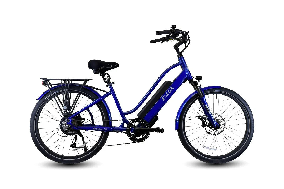 Cobalt blue ELUX Malibu GT 750W Step Thru electric beach cruiser eBike with 26x2.1 street tires, shown in side profile.