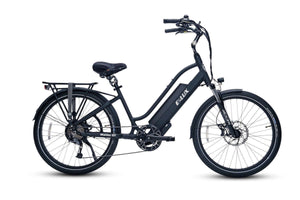 Matte black ELUX Malibu GT 750W Step Thru electric beach cruiser eBike with 26x2.1 street tires, shown in side profile.