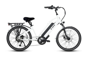 Gloss white ELUX Malibu Mini 750W Step-Thru electric beach cruiser eBike, 24-inch street tires, side view, product image.