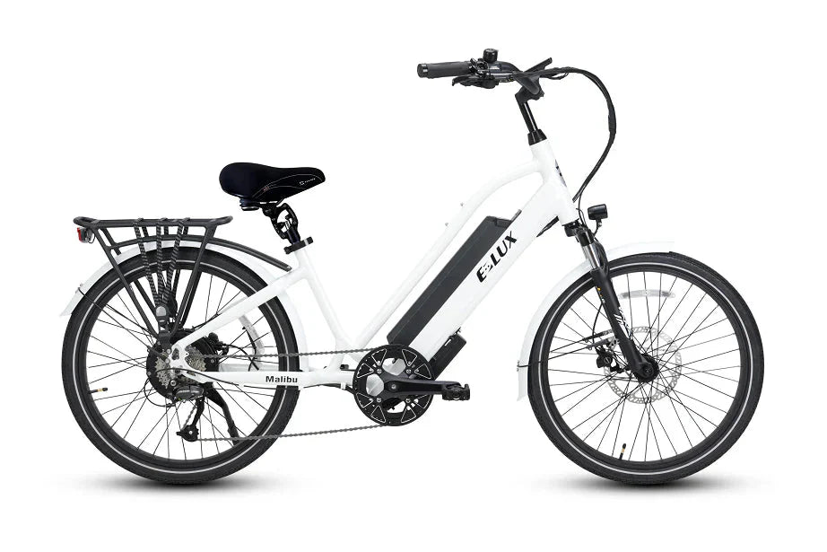 Gloss white ELUX Malibu Mini 750W Step-Thru electric beach cruiser eBike, 24-inch street tires, side view, product image.