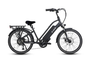 Matte black ELUX Malibu Mini 750W Step-Thru electric beach cruiser eBike with 24-inch street tires, shown from the side.