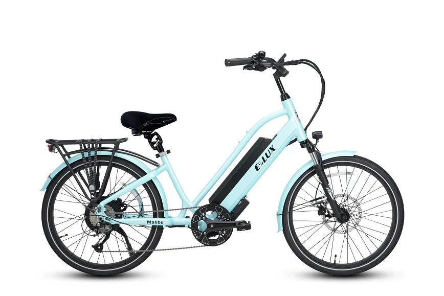 Powder blue ELUX Malibu Mini 750W Step Thru electric beach cruiser eBike, 24-inch street tires, side view, product image