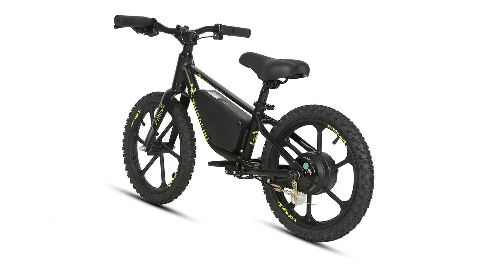 EUNORAU EKIDS 16 electric micro eBike with 16-inch wheels, 180W motor, shown in a product image on a road.