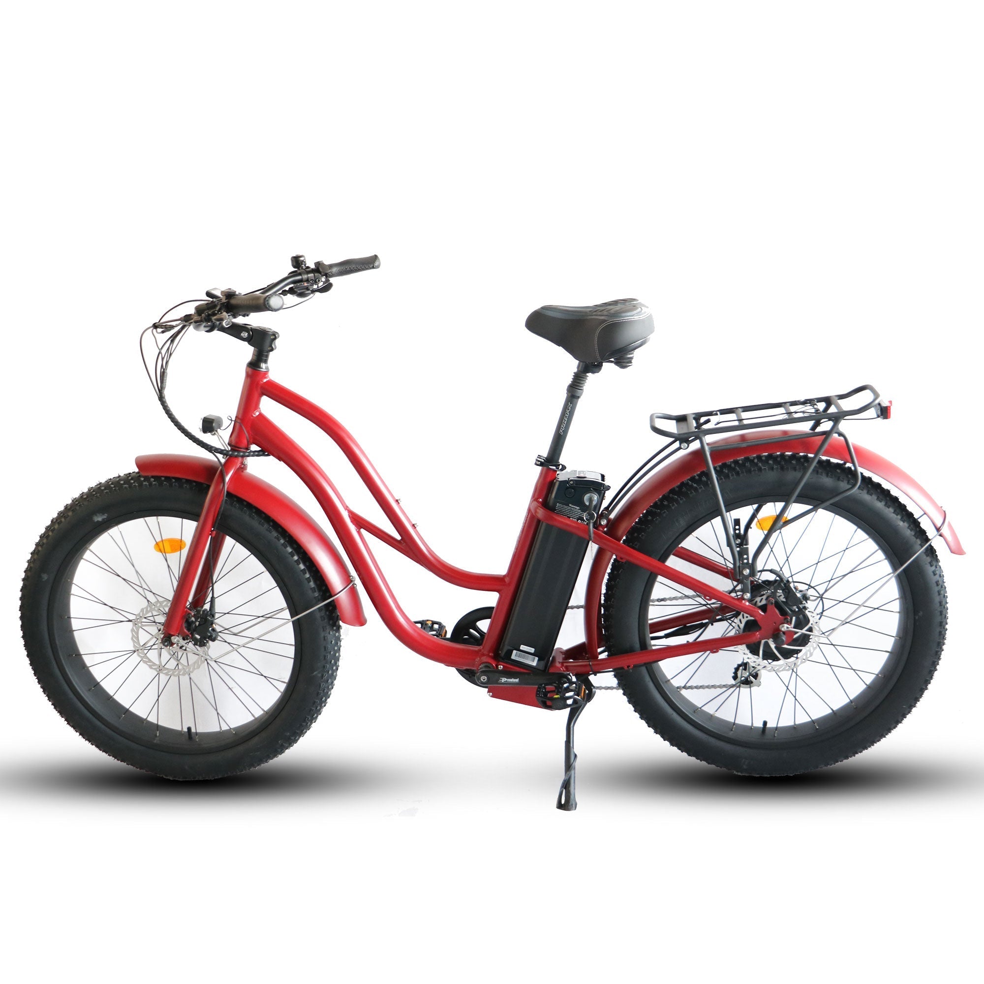 A 26x4 fat tire step-thru electric beach cruiser bike with a 52v battery, shown in a side profile.