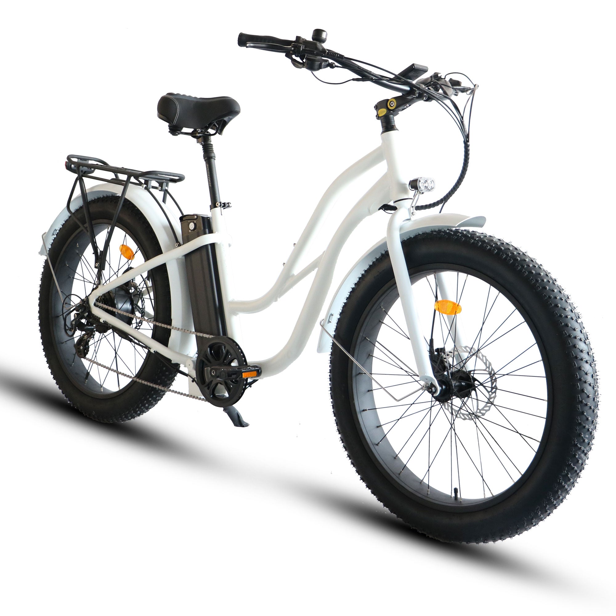 A 26x4 fat tire step-thru beach cruiser electric bike with a 52v battery, shown in a side profile.