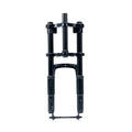 Front view of the Macfox M16 eBike fork, showcasing its suspension design and black finish against a plain background.