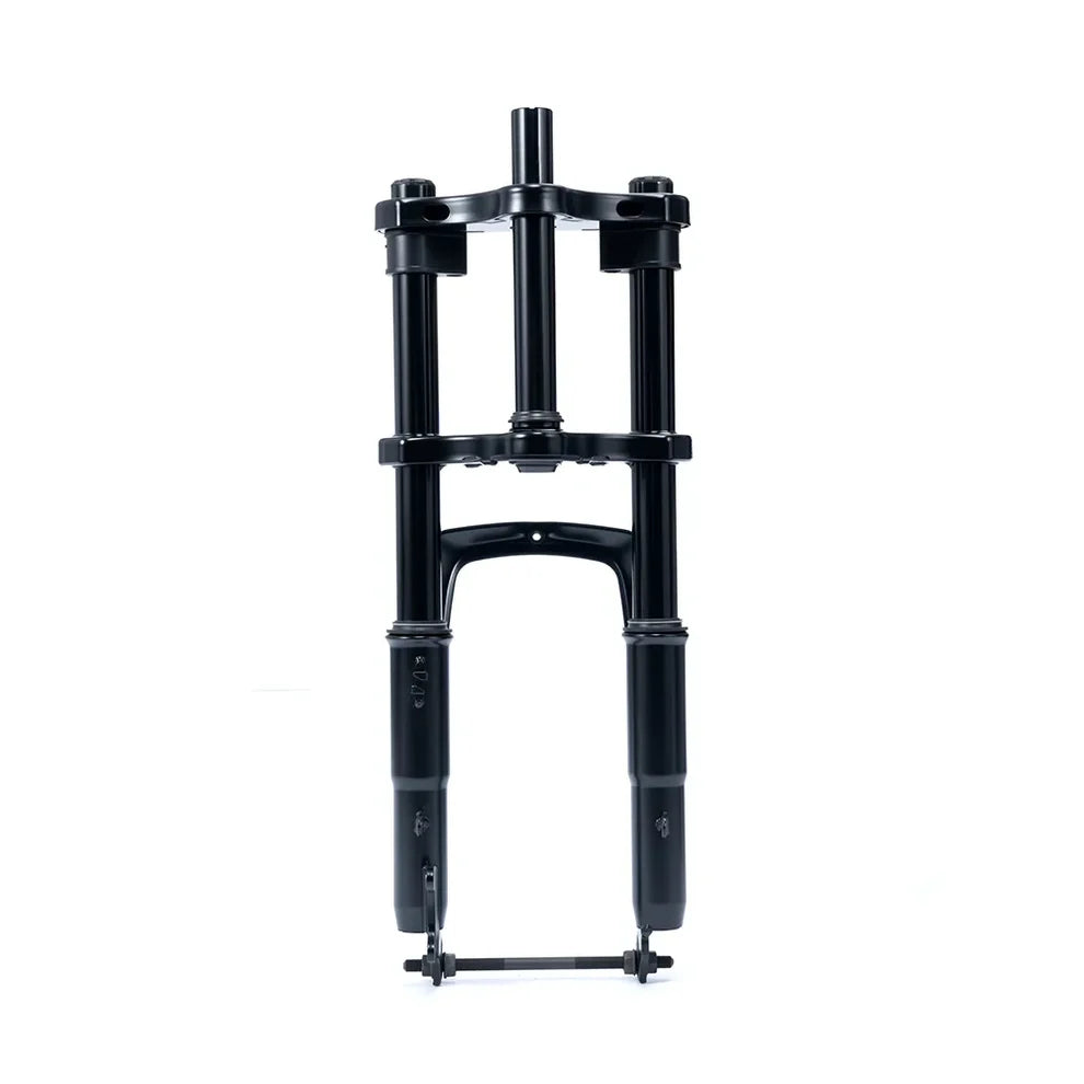 Front view of the Macfox M16 eBike fork, showcasing its suspension design and black finish against a plain background.