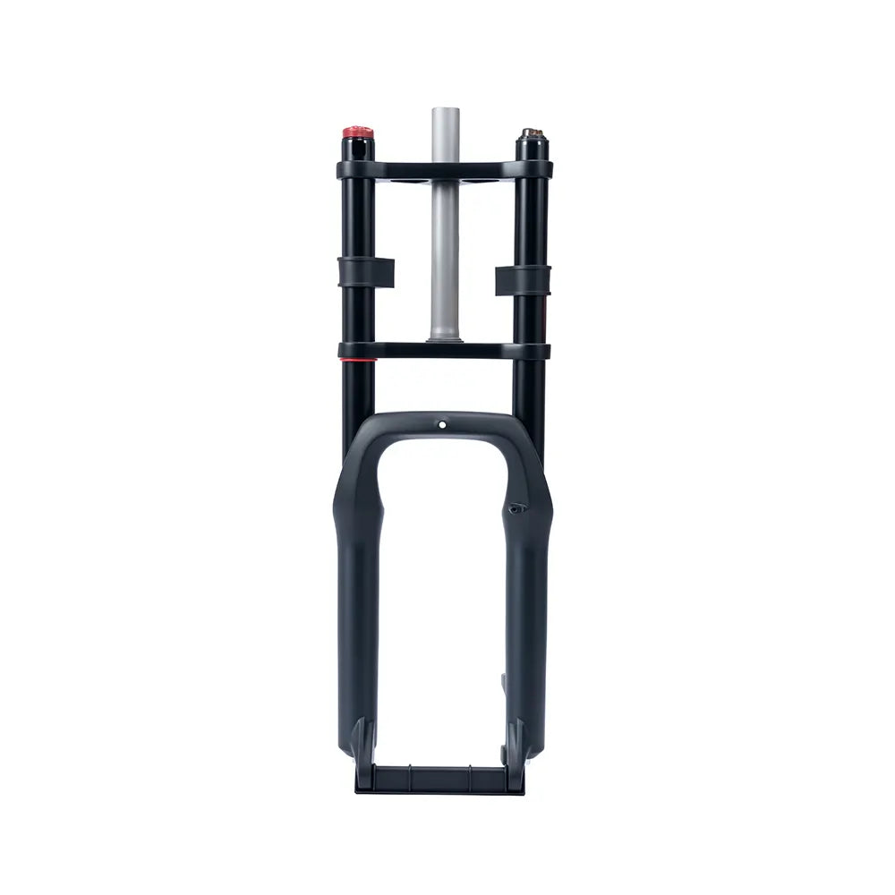 Front view of the Macfox X1S eBike fork showing suspension components and black finish.