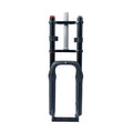 Front view of the Macfox X2 eBike fork, showcasing its suspension design and sturdy black construction.