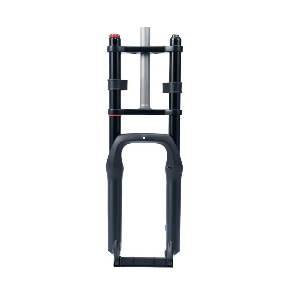 Front view of the Macfox X2 eBike fork, showcasing its suspension design and sturdy black construction.