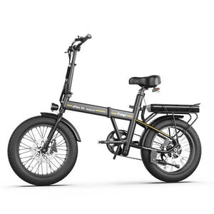 A black FREEGO E4 electric folding fat tire eBike with a step-over frame, 500W motor, and thick all-terrain tires, shown folded for compact storage.