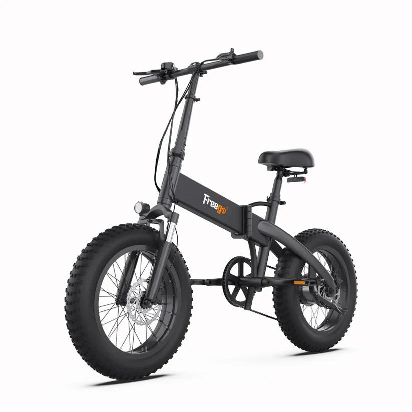 Electric folding fat tire eBike, FREEGO eFlex Raptor E1, step-over frame, 750W motor, black color, side view on white background