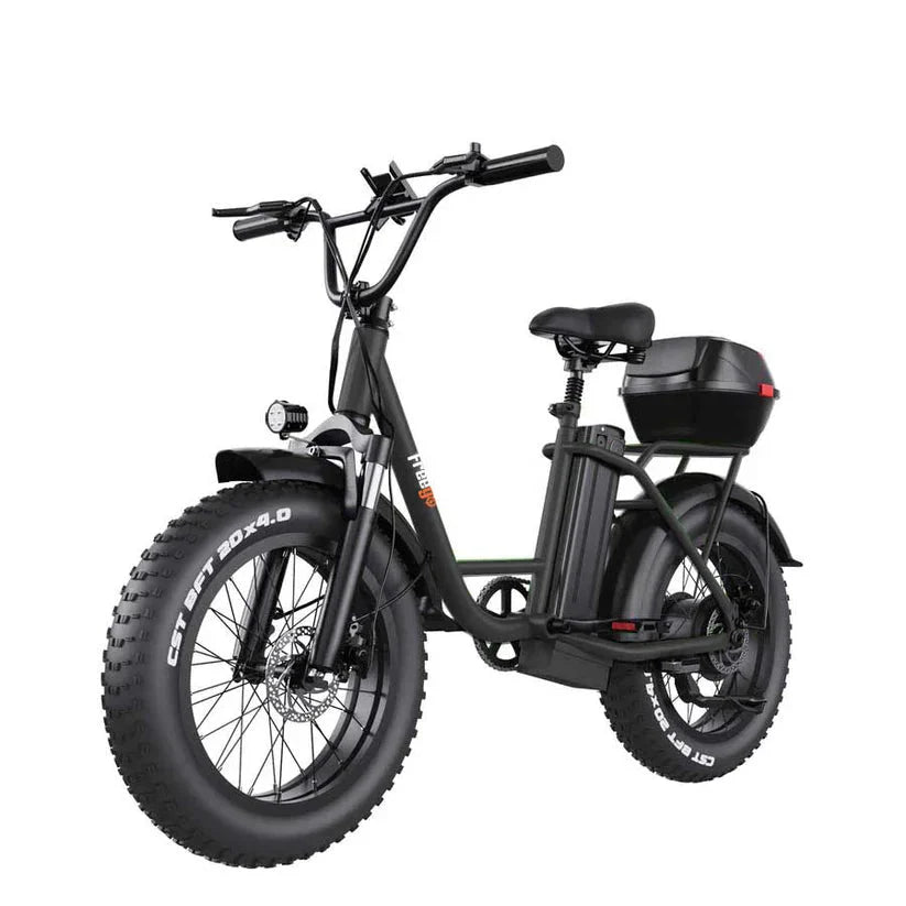 A white FREEGO FB-20X step-thru electric cargo eBike with a rear cargo rack, 750W motor, and commuter-friendly design, shown from a side angle.