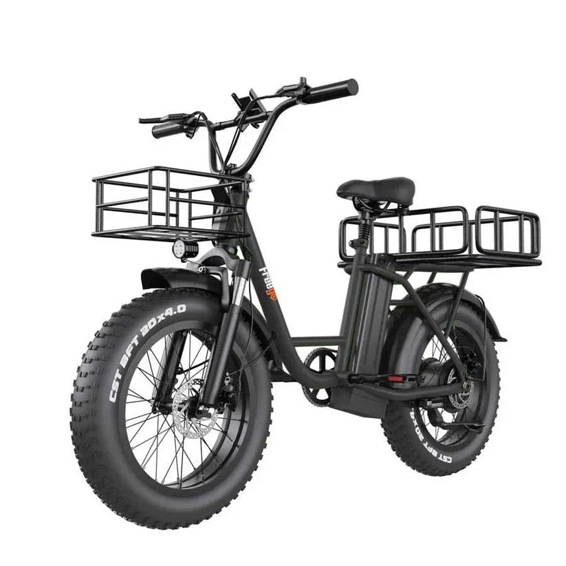 A white FREEGO FB-20X step-thru electric cargo eBike with a rear cargo rack, 750W motor, and commuter-friendly design, shown from a side angle.