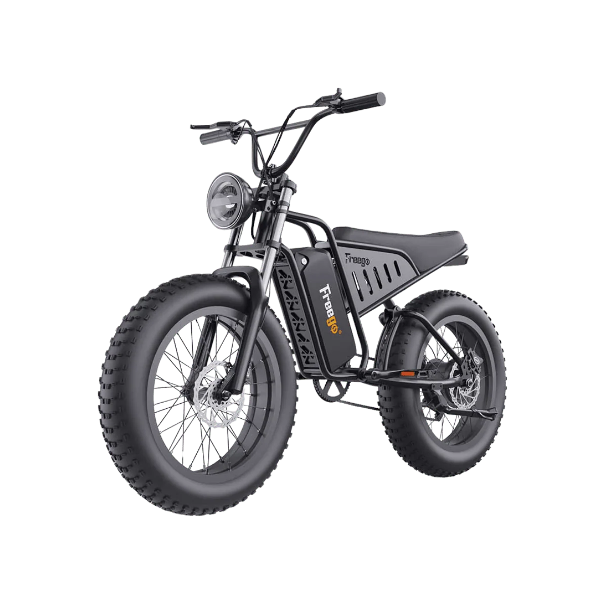 A black Freego S1 Cafe Racer eBike parked on a city street, showcasing its retro design, brown leather seat, and thick tires.