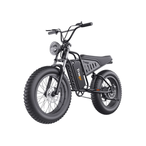 A black Freego S1 Cafe Racer eBike parked on a city street, showcasing its retro design, brown leather seat, and thick tires.