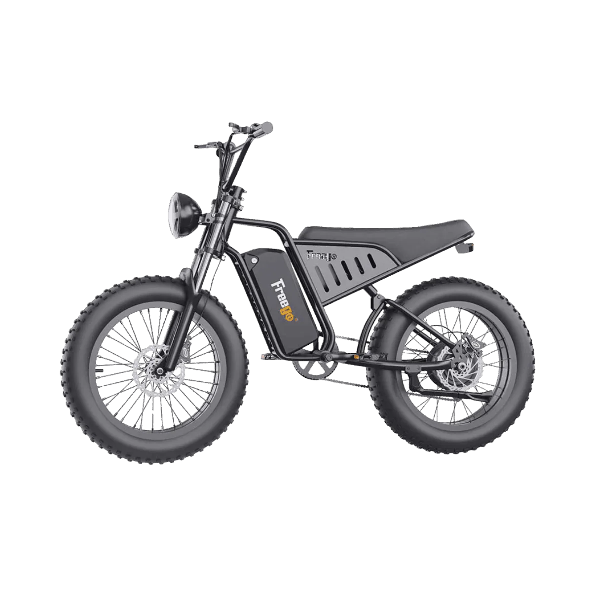Side view of the Freego S1 Cafe Racer eBike in black, showcasing its retro-inspired frame, large tires, and brown leather seat against a plain background.