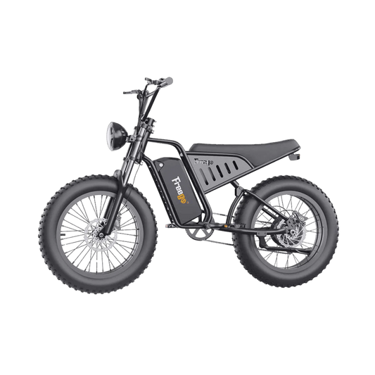 Side view of the Freego S1 Cafe Racer eBike in black, showcasing its retro-inspired frame, large tires, and brown leather seat against a plain background.
