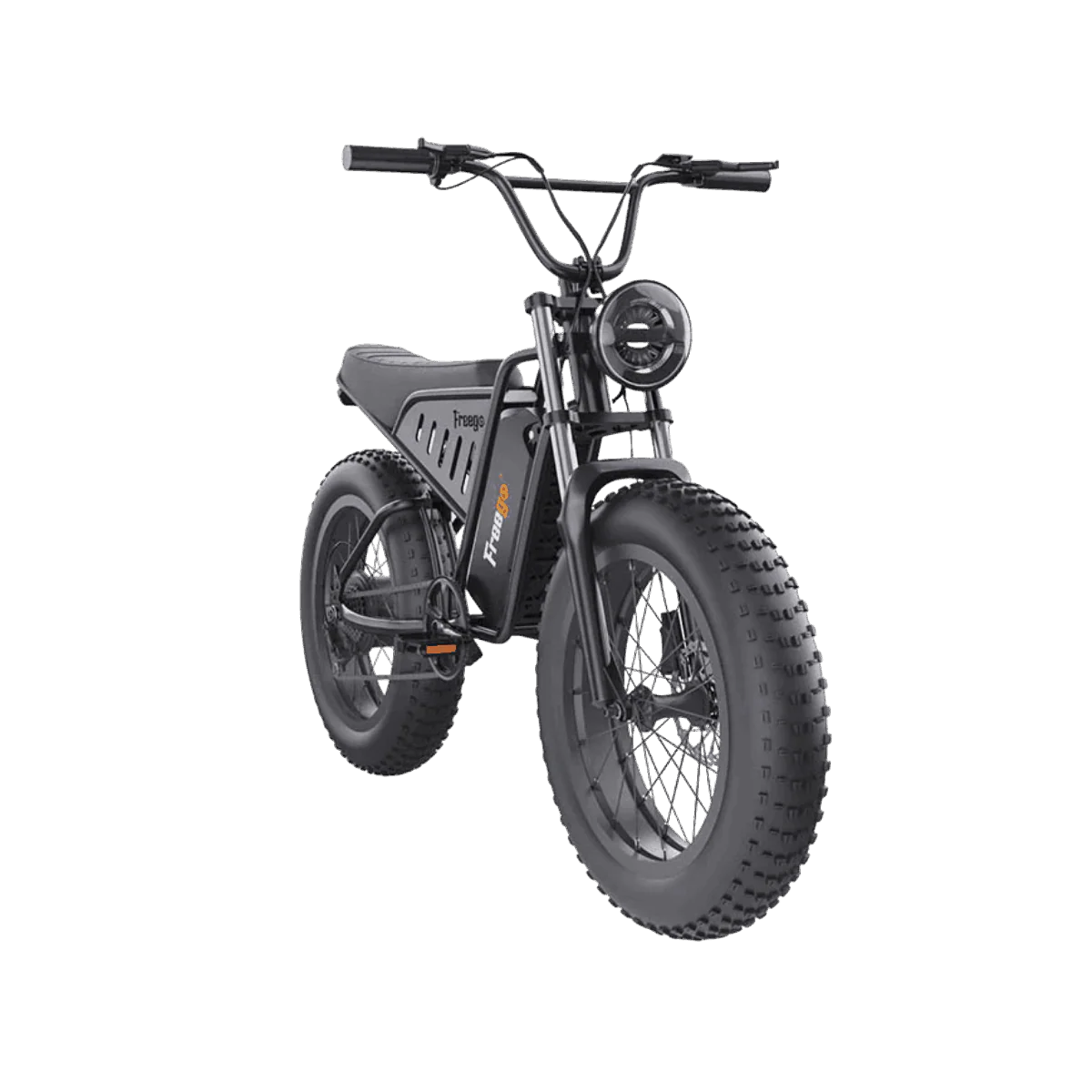 Side view of the Freego S1 Cafe Racer eBike in black, showcasing its retro-inspired design, thick tires, and brown leather seat against a plain background.