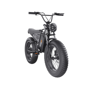 Side view of the Freego S1 Cafe Racer eBike in black, showcasing its retro-inspired design, thick tires, and brown leather seat against a plain background.