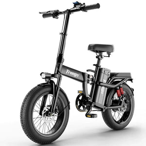 A black FREEGO T1 electric folding fat tire eBike with a step-over frame, 750W motor, and thick all-terrain tires, shown folded for compact storage.