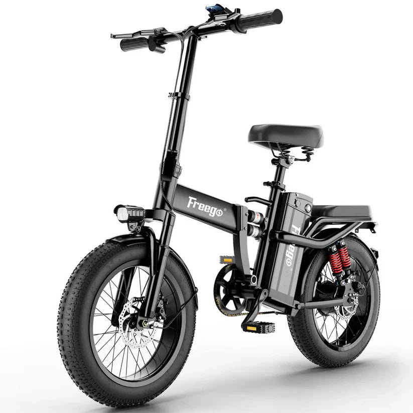 A black FREEGO T1 electric folding fat tire eBike with a step-over frame, 750W motor, and thick all-terrain tires, shown folded for compact storage.