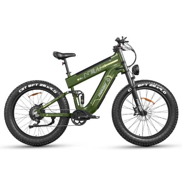 Green Freesky Alaska Pro M-520 electric bike, side view, showcasing frame design and components