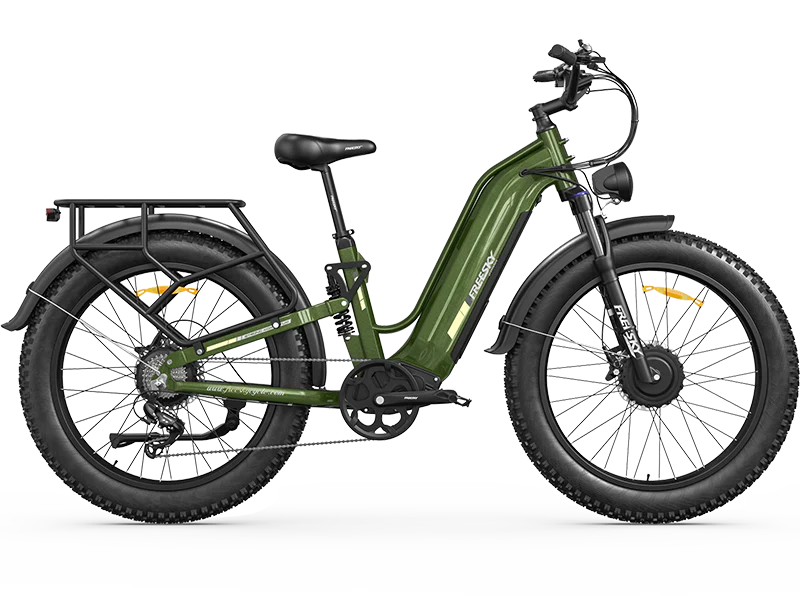 Green Freesky Ranger Air M-540 eBike side view with black tires and battery pack