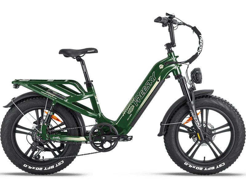 Green Freesky Rocky Pro A-320 electric bike, side view, against a plain background
